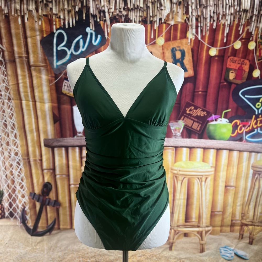 CUPSHE Dark Green One-Piece Swimsuit Large Ruched Tummy Control NWT